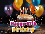 Happy Birthday Age 67 GIF, 67th Birthday GIF: A birthday cake with flickering candles gif with text reading Happy Birthday and a Name slot to customize