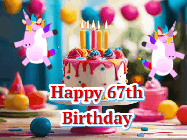 Happy Birthday Age 67 GIF, 67th Birthday GIF: Animated Happy Birthday GIF with a beautiful birthday cake being lit up by two unicorns. There are 3 lines of text to customize.
