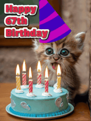 Happy Birthday Age 67 GIF, 67th Birthday GIF: A cute little cat birthday gif with lighting candles with text reading Happy Birthday Name, to customize