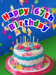 Happy Birthday Age 67 GIF, 67th Birthday GIF: A brightly colored animated birthday gif with a cake and a cute cartoon dragon flies past to light the candles. Customize banner text.