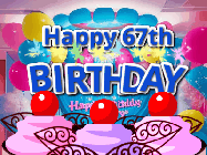 Happy Birthday Age 67 GIF, 67th Birthday GIF: Birthday animated gif with sparklers on text name you can customize. Brightly colored with a close up cake cherries.