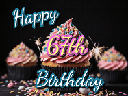 Happy Birthday Age 67 GIF, 67th Birthday GIF: A delicious cupcake gif with animated sparkles reading Happy Birthday with a name to customize