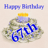 Happy Birthday Age 67 GIF, 67th Birthday GIF: A beautiful animated birthday gif with a vintage style cake drawing and animated candle flames. Customize the name and text.