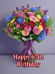 Happy Birthday Age 67 GIF, 67th Birthday GIF: A beautiful animated birthday gif with a bouquet of flowers and animated hearts reading Happy Birthday Customize