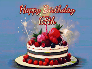 Happy Birthday Age 67 GIF, 67th Birthday GIF: Animated GIF of a birthday cake covered in berries with 2 sparklers and a candle, reads Happy Birthday Name. Customize it.