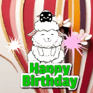 Happy Birthday Age 67 GIF, 67th Birthday GIF: A cute lamb gif with a bouncing lamb with sparklers with text flashing Happy Birthday Name that can be customized.