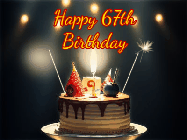 Happy Birthday Age 67 GIF, 67th Birthday GIF: Animated birthday cake gif with sparklers on a dark background. Personalize up to 3 lines of text.