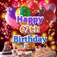 Happy Birthday Age 67 GIF, 67th Birthday GIF: Animated happy birthday gif on a bright red glittery background and 3 lines of text reading Happy Birthday Customize
