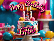 Happy Birthday Age 67 GIF, 67th Birthday GIF: Animated birthday gif with a beautiful colorful birthday can and sparkles in the air. It reads Happy Birthday Customize.