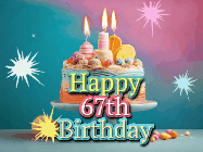Happy Birthday Age 67 GIF, 67th Birthday GIF: A colorful animated Happy Birthday Cake GIF with swirling sparkles and flickering candles. It reads Happy Birthday Name