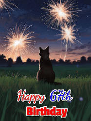 Happy Birthday Age 67 GIF, 67th Birthday GIF: An animated gif at night showing the backside of a sitting cat who watches sparkle and fireworks over a meadow. Customize name and happy birthday.