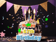 Happy Birthday Age 67 GIF, 67th Birthday GIF: Happy birthday cake animated gif with flickering candles, animated text, and falling confetti. Customize text reading Happy Birthday Customize.