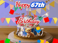 Happy Birthday Age 67 GIF, 67th Birthday GIF: Happy Birthday Cake GIF with a cat, lamb, and squirrel on the cake with flickering candles, a sparkler, and falling confetti. Reads Happy Birthday Name and you can customize the name
