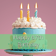 Happy Birthday Age 67 GIF, 67th Birthday GIF: Sparkles fly over a birthday cake that has 3 flickering candles, text in a colored band read Happy Birthday Name.
