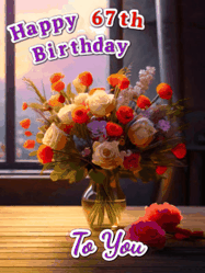 Happy Birthday Age 67 GIF, 67th Birthday GIF: A vase of flowers and animated hearts pop in and out as the words Happy Birthday Name appears that you can customize