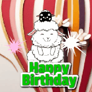 Happy Birthday Age 68 GIF, 68th Birthday GIF: A cute lamb gif with a bouncing lamb with sparklers with text flashing Happy Birthday Name that can be customized.