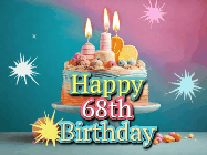 Happy Birthday Age 68 GIF, 68th Birthday GIF: A colorful animated Happy Birthday Cake GIF with swirling sparkles and flickering candles. It reads Happy Birthday Name