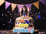Happy Birthday Age 68 GIF, 68th Birthday GIF: Happy birthday cake animated gif with flickering candles, animated text, and falling confetti. Customize text reading Happy Birthday Customize.