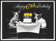 Happy Birthday Age 69 GIF, 69th Birthday GIF: Vintage animated birthday card gif with name, flickering candles, birthday cake, and 2 dogs sitting at the table.