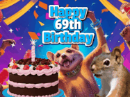 Happy Birthday Age 69 GIF, 69th Birthday GIF: A silly animated birthday gif, a chipmunk lights bady cake sparkler with laser beam eyes and starts a bright glitter party.