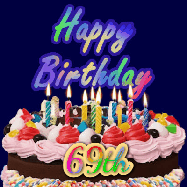 Happy Birthday Age 69 GIF, 69th Birthday GIF: A dark blue birthday gif with a beautiful cake with flickering candles, background sparkles and a name to customize.