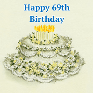 Happy Birthday Age 69 GIF, 69th Birthday GIF: A beautiful vintage birthday cake design with flickering candles atop and three lines of customized happy birthday text.