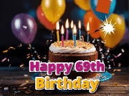 Happy Birthday Age 69 GIF, 69th Birthday GIF: A birthday cake with flickering candles gif with text reading Happy Birthday and a Name slot to customize