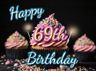 Happy Birthday Age 69 GIF, 69th Birthday GIF: A delicious cupcake gif with animated sparkles reading Happy Birthday with a name to customize