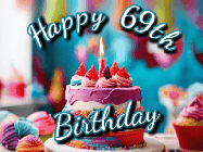 Happy Birthday Age 69 GIF, 69th Birthday GIF: Animated Happy Birthday Gif reading Happy Birthday Customize. Depicts a colorful birthday with flickering candles and glitter.