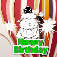 Happy Birthday Age 69 GIF, 69th Birthday GIF: A cute lamb gif with a bouncing lamb with sparklers with text flashing Happy Birthday Name that can be customized.