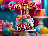 Happy Birthday Age 69 GIF, 69th Birthday GIF: Animated birthday gif with a beautiful colorful birthday can and sparkles in the air. It reads Happy Birthday Customize.