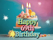 Happy Birthday Age 69 GIF, 69th Birthday GIF: A colorful animated Happy Birthday Cake GIF with swirling sparkles and flickering candles. It reads Happy Birthday Name