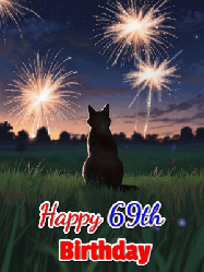 Happy Birthday Age 69 GIF, 69th Birthday GIF: An animated gif at night showing the backside of a sitting cat who watches sparkle and fireworks over a meadow. Customize name and happy birthday.