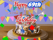 Happy Birthday Age 69 GIF, 69th Birthday GIF: Happy Birthday Cake GIF with a cat, lamb, and squirrel on the cake with flickering candles, a sparkler, and falling confetti. Reads Happy Birthday Name and you can customize the name