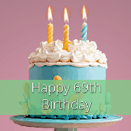 Happy Birthday Age 69 GIF, 69th Birthday GIF: Sparkles fly over a birthday cake that has 3 flickering candles, text in a colored band read Happy Birthday Name.