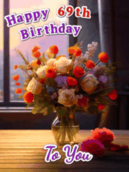 Happy Birthday Age 69 GIF, 69th Birthday GIF: A vase of flowers and animated hearts pop in and out as the words Happy Birthday Name appears that you can customize