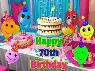 Happy Birthday Age 70 GIF, 70th Birthday GIF: A birthday animated gif with a party room in the background and cute balloons, cake, and name to customize.