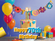 Happy Birthday Age 70 GIF, 70th Birthday GIF: Happy birthday cake animated gif with flickering candles, balloons, confetti, and text to customize.