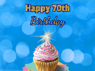 Happy Birthday Age 70 GIF, 70th Birthday GIF: Animated gif happy birthday cupcake with sparkler and customizable glittering text