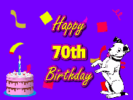Happy Birthday Age 70 GIF, 70th Birthday GIF: Silly happy birthday gif with a cute dog in a corner and rainbow animation confetti. Birthday cake in order with candle.