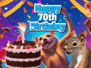 Happy Birthday Age 70 GIF, 70th Birthday GIF: A silly animated birthday gif, a chipmunk lights bady cake sparkler with laser beam eyes and starts a bright glitter party.
