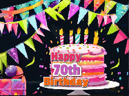 Happy Birthday Age 70 GIF, 70th Birthday GIF: A beautiful little birthday gif styled after paper cutout art with a birthday cake and falling confetti. It's customizable.
