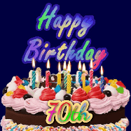Happy Birthday Age 70 GIF, 70th Birthday GIF: A dark blue birthday gif with a beautiful cake with flickering candles, background sparkles and a name to customize.