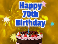 Happy Birthday Age 70 GIF, 70th Birthday GIF: A glitter and sparkle happy birthday gif with swelling sparkles, a birthday cake, and 3 lines of text to customize