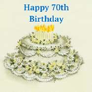 Happy Birthday Age 70 GIF, 70th Birthday GIF: A beautiful vintage birthday cake design with flickering candles atop and three lines of customized happy birthday text.