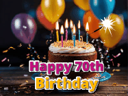 Happy Birthday Age 70 GIF, 70th Birthday GIF: A birthday cake with flickering candles gif with text reading Happy Birthday and a Name slot to customize