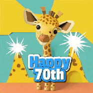 Happy Birthday Age 70 GIF, 70th Birthday GIF: Cute giraffee birthday gif depicting a paper cutout bobbing giraffe head and birthday text you can customize with sparklers.
