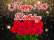 Happy Birthday Age 70 GIF, 70th Birthday GIF: A beautiful birthday gif with a bouquet of flowers and animated hearts on a black and glitter background.