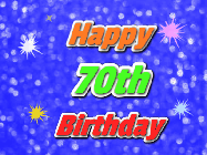 Happy Birthday Age 70 GIF, 70th Birthday GIF: A glitter birthday gif with a blue glitter background and animated text reading Happy Birthday Name
