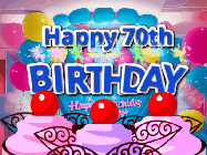 Happy Birthday Age 70 GIF, 70th Birthday GIF: Birthday animated gif with sparklers on text name you can customize. Brightly colored with a close up cake cherries.